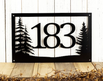 Rustic Metal House Number Sign with Pine Trees | Address Plaque | Cabin Signs | Housewarming Gift | Matte Black shown | 16"x10"