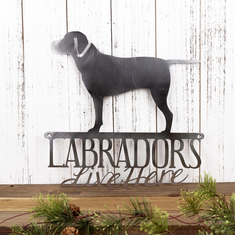Labradors Live Here metal sign, in raw steel.