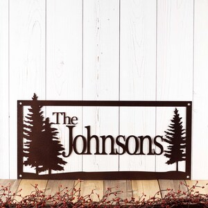 Custom Metal Sign, Family Name Rectangular Plaque, Metal Wall Art, Pine Trees, Personalized Last Name Decor