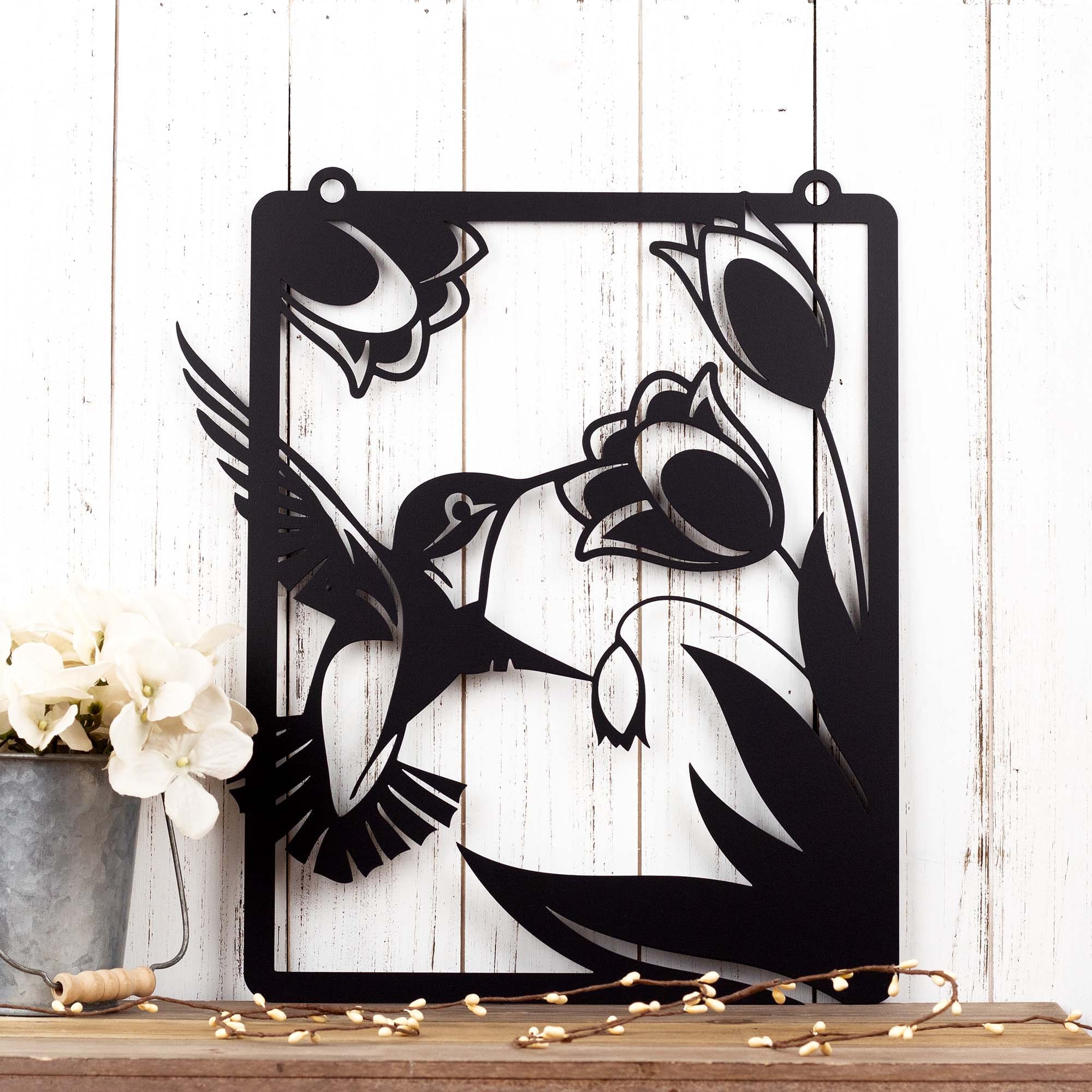 Hummingbird Garden Metal Sign, Garden Sign, Flag Sign, Metal Wall Art, Outdoor Sign, Hanging Rectangular Plaque