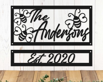 Honey Bees Custom Family Name & Established Year Metal Sign, Personalized Beekeeper Housewarming Gift, Bumble Bee Insect Outdoor Wall Decor