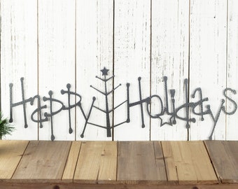 Happy Holidays Metal Sign with Christmas Tree - Silver, 20x6.5, Christmas Tree, Outdoor Sign, Holiday Decor, Christmas