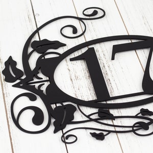 2 digit metal house number sign with fleur de lis and vines, in matte black powder coat.