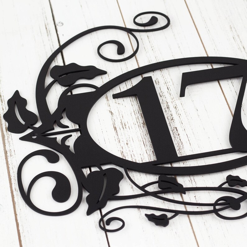 2 digit metal house number sign with fleur de lis and vines, in matte black powder coat.