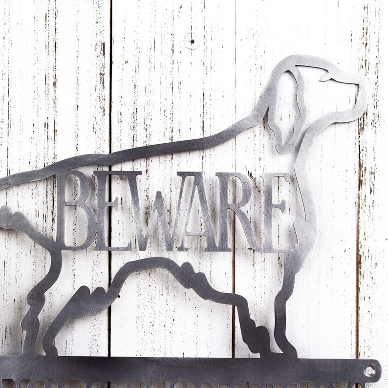 Close up of English Setter dog silhouette, with Beware, on our English Setters Live Here metal sign, in raw steel.