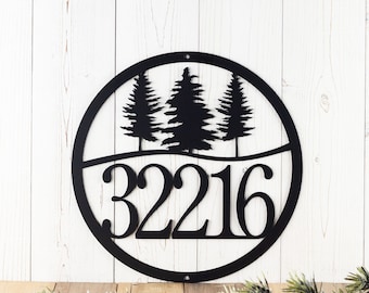 House Number Plaque, Metal House Numbers, Rustic Home Decor, Pine Trees, Address Sign