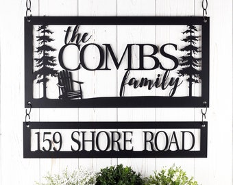 Personalized Family Name and Address Metal Sign for Lake House