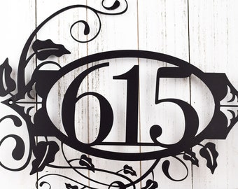 Metal Address Plaque, House Numbers, Outdoor Address Sign with Fleur de lis, Metal Wall Art with Vines