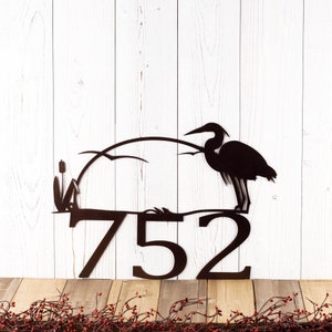 Metal House Number Sign with Heron, Lake House Decor