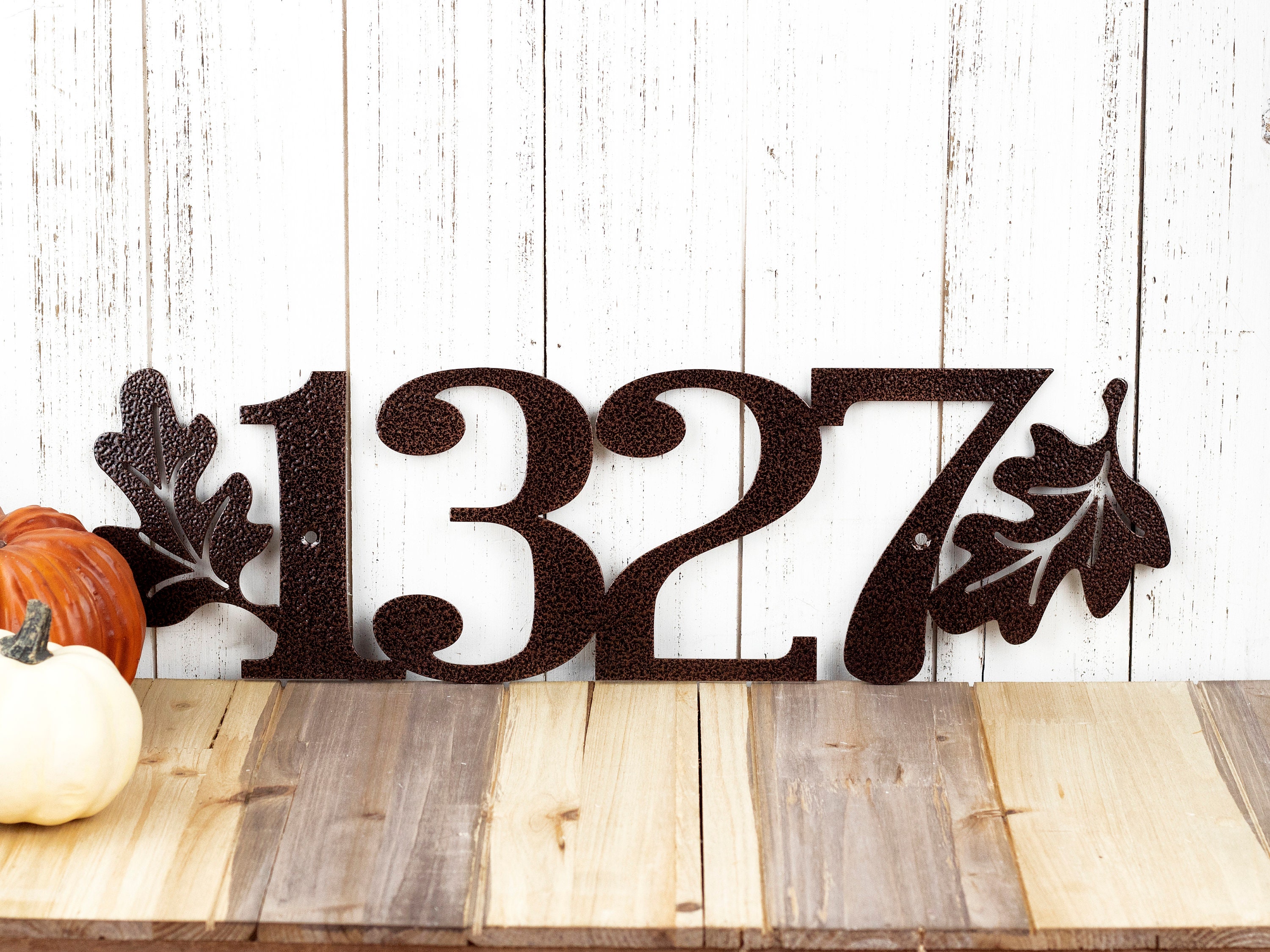 Custom Outdoor House Number Metal Sign with Oak Leaves, Address Plaque