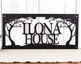 Custom Metal Sign Outdoor with Family Name for Lake House Decor with a Cherry Tree, Personalized Cabin Plaque