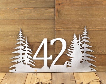 House Number Sign, Outdoor Metal Address Plaque, Lake House Sign, Rustic Home Decor, 2 Digit, Pine Trees