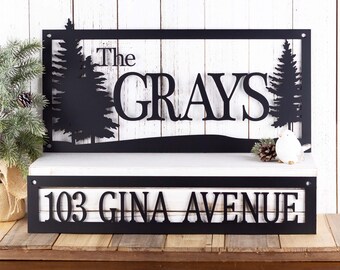 Custom Name and Address Metal Sign, Pine Trees, Outdoor Sign, Metal Wall Art, House Number, Address Plaque, Family Name, Rectangular