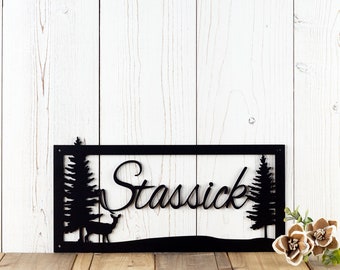 Personalized Script Family Name Metal Sign with Doe Deer