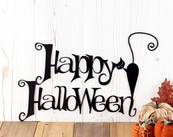 Happy Halloween Metal Sign with Black Cat, Halloween Decor, Halloween Home Decor, Outdoor Sign