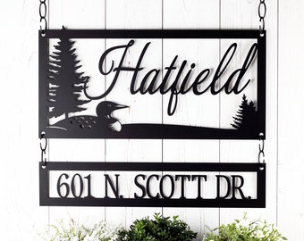 Personalized Script Family Name and Address Metal Sign with Loon