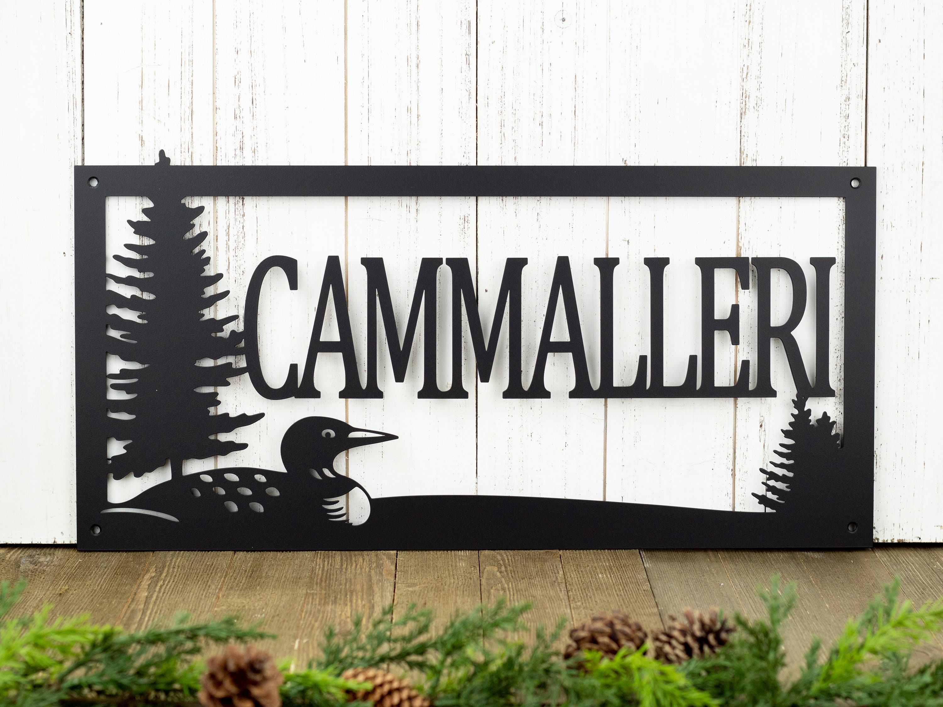 Custom Outdoor Family Last Name Metal Sign with Loon - Black, 20x10