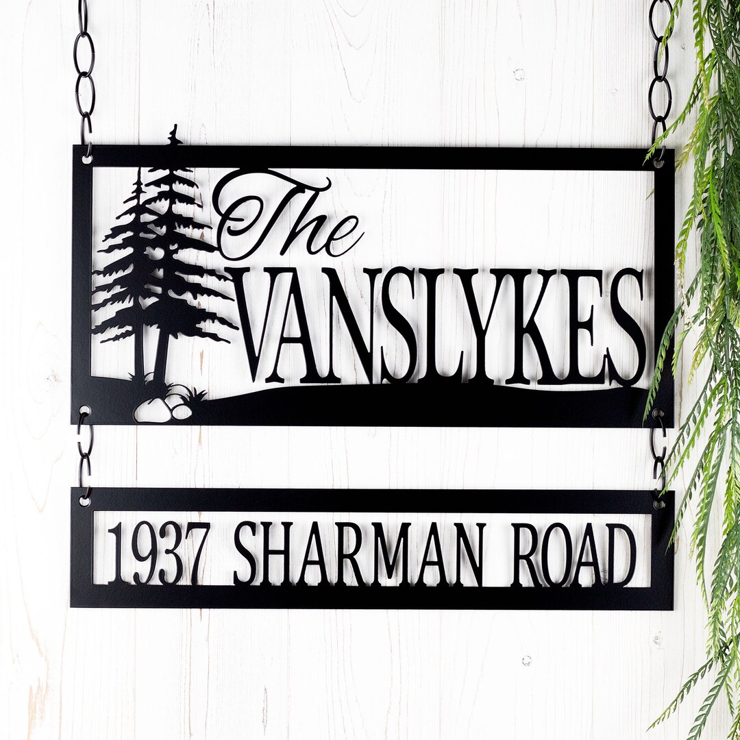 Custom Family Name and Address Metal Signs, Pine Trees, Outdoor Sign