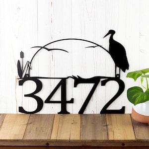 House Number Plaque in Laser Cut Metal with Heron & Cattails, Number Sign, Lake House Decor, Cabin Signs