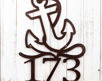 Nautical House Number with Anchor, Metal Address Plaque, Outdoor Metal Wall Art, Beach Sign, Laser Cut Sign