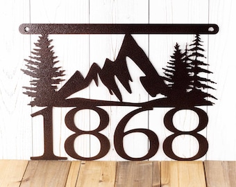 Hanging House Number Metal Sign with Mountain Scene