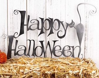 Happy Halloween Metal Sign, Cat, Halloween Decor, Outdoor Sign, Metal Wall Art, Wall Hanging