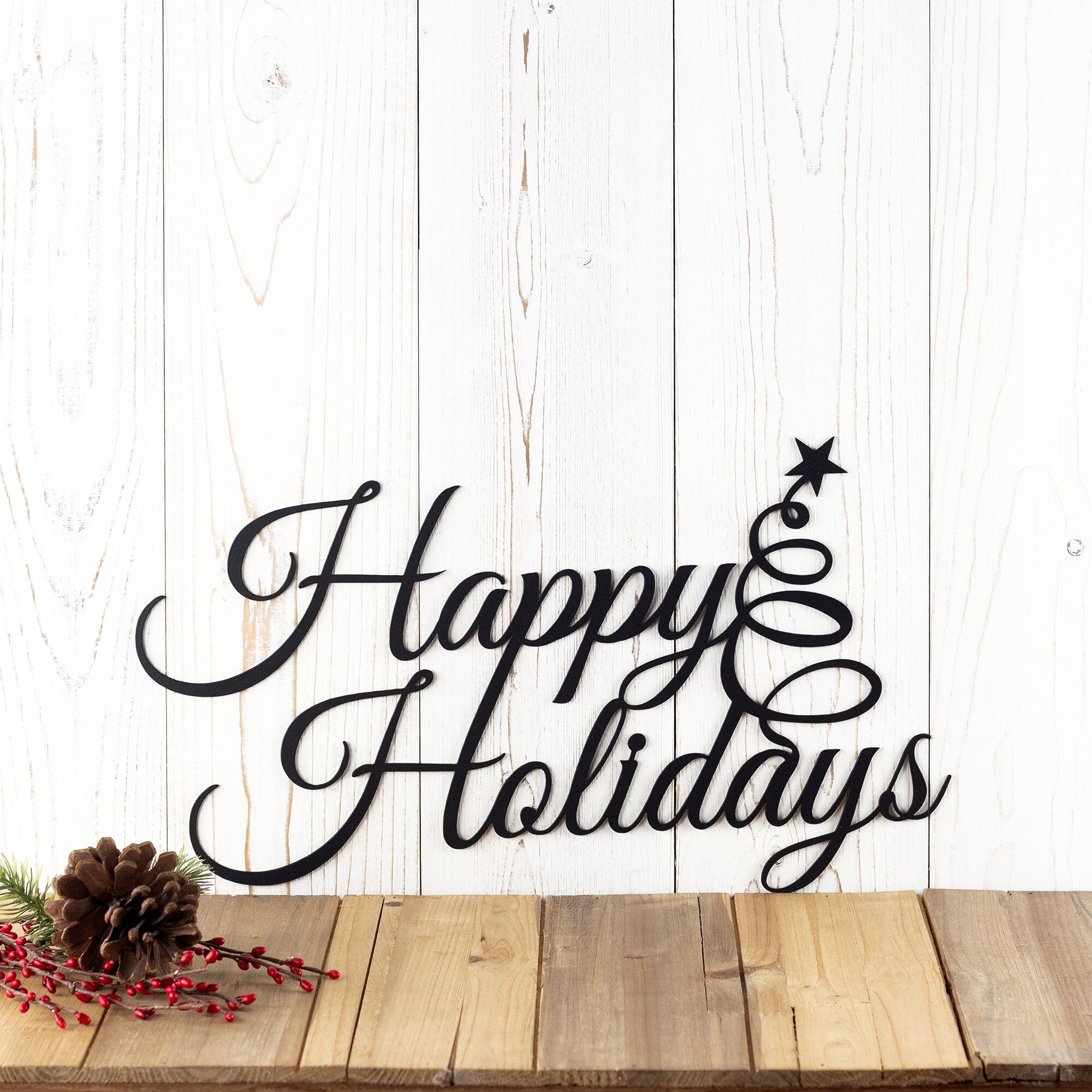 Happy Holidays Metal Wall Art, Curly Swirly Pine Tree With Star