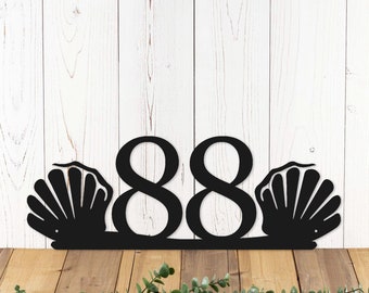 House Number Sign with Seashells, Metal Address Plaque, Beach Signs, Outdoor Signs, Laser Cut Metal, 2 digit