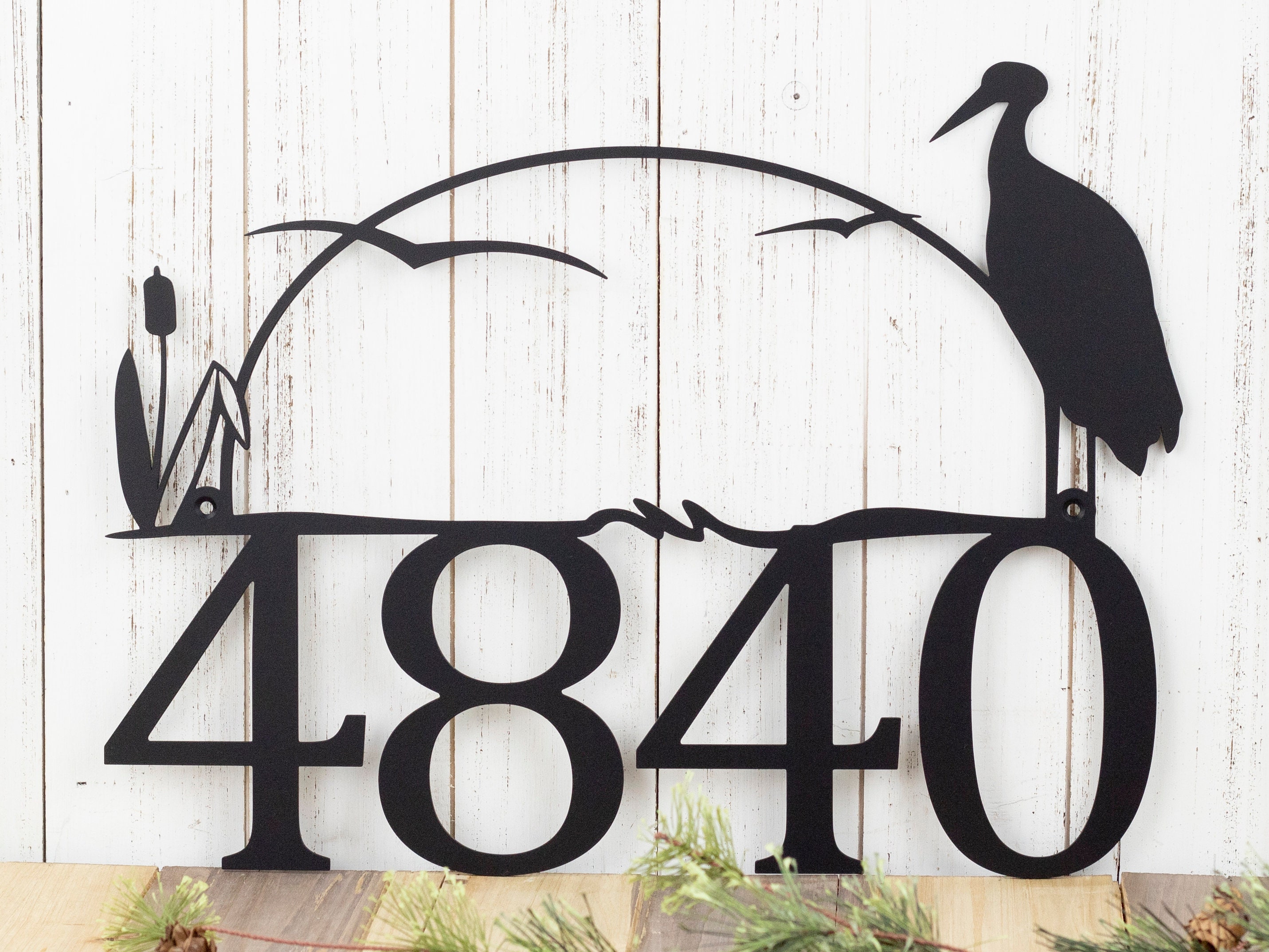House Number Plaque In Laser Cut Metal With Heron Cattails Number