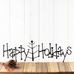 Happy Holidays Metal Sign Outdoors, Horizontal Christmas Sign, Cozy Winter Decor, Tree Metal Wall Art