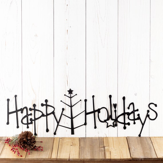 Happy Holidays Metal Sign Outdoors, Horizontal Christmas Sign, Cozy Winter Decor, Tree Metal Wall Art