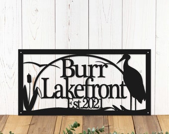 Custom Lake House Sign with Heron, Established Family Name Sign