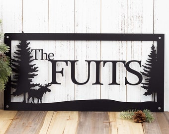 Custom Outdoor Family Last Name Metal Sign with Pine Trees, Moose, Custom Sign, Name Sign, Metal Wall Art, Personalized Plaque