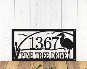 House Address Sign with Great Blue Heron and Rising Sun, Lake House Decor, Metal House Numbers, Beach Wall Hanging