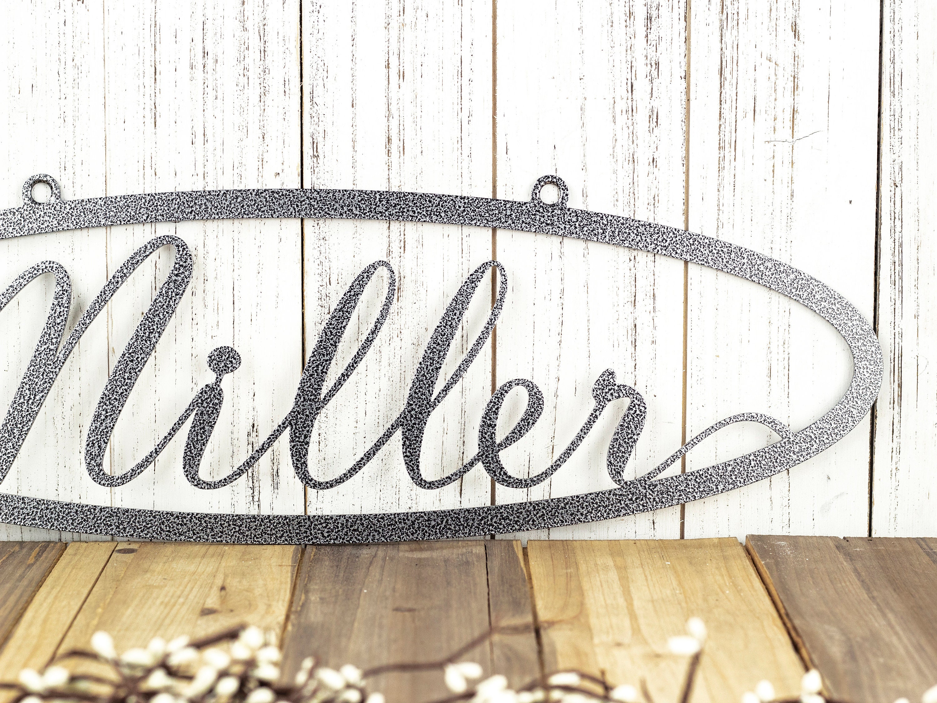 CUSTOM Family Name Oval Metal Sign Silver Vein 20W x 6.5H Laser