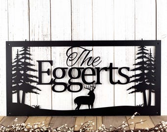 Personalized Family Last Name Metal Sign with Whitetail Buck Deer Silhouette, Wildlife Outdoor Scene Wall Art, Father's Day Outdoorsman Gift