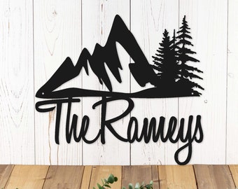 Custom Outdoor Family Last Name Metal Sign, Mountains, House Sign, Personalized Gift, Metal Wall Art