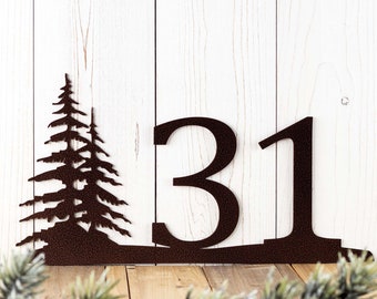 Metal Address Numbers Sign with Pine Trees