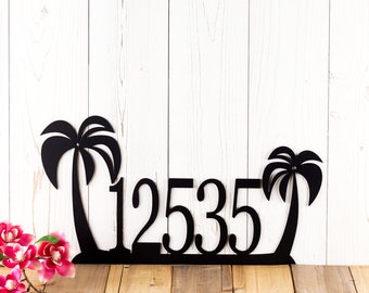 House Number Metal Sign with Tropical Palm Trees