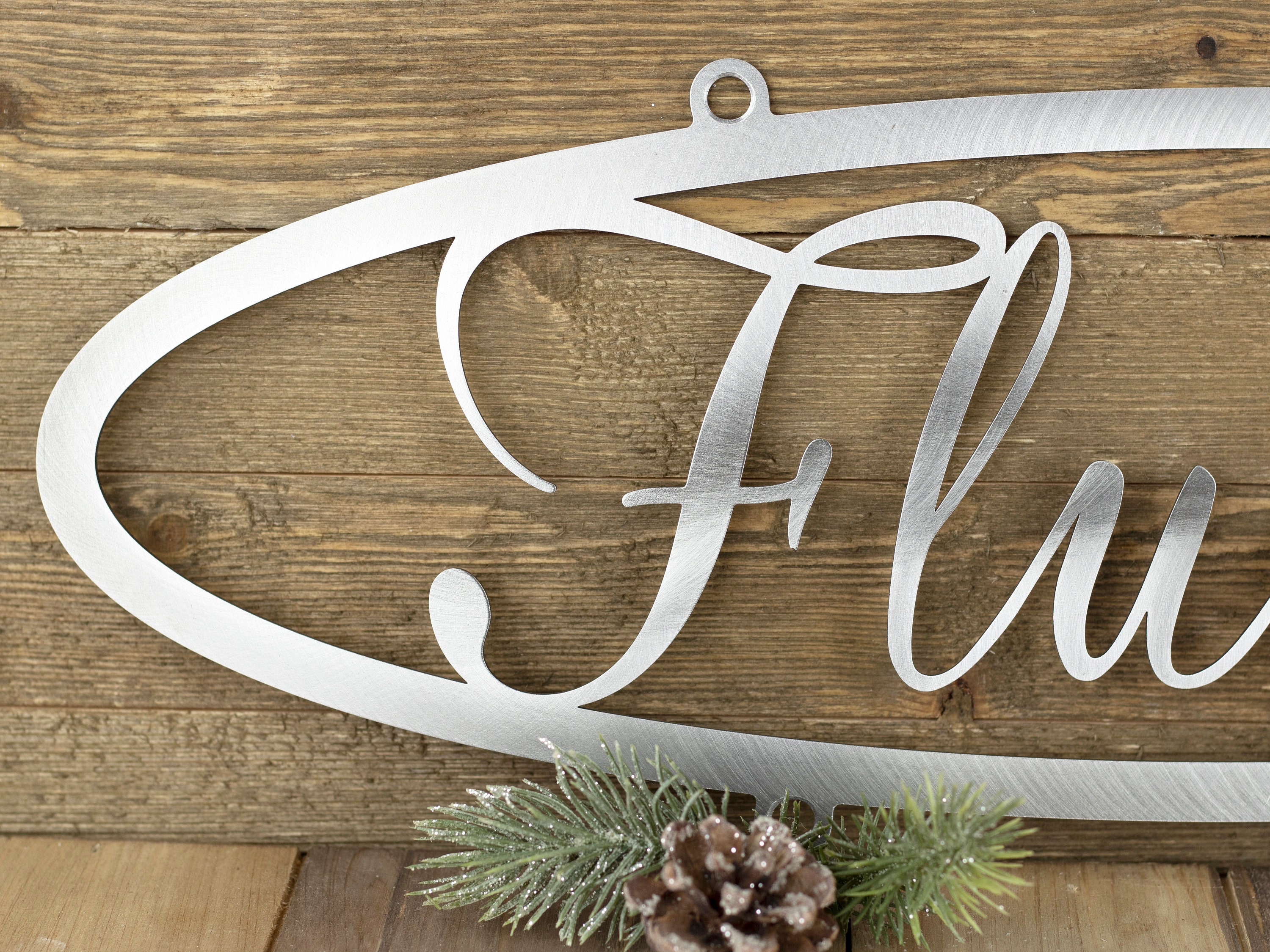 CUSTOM Family Name Oval Metal Sign Silver Vein 20W x 6.5H Laser