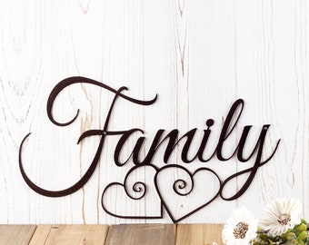 Family Cursive Metal Wall Art with Curly Hearts