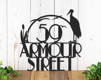 Custom Outdoor Address Metal Sign, Heron, Cattails, House Number, Address Plaque, Custom Sign