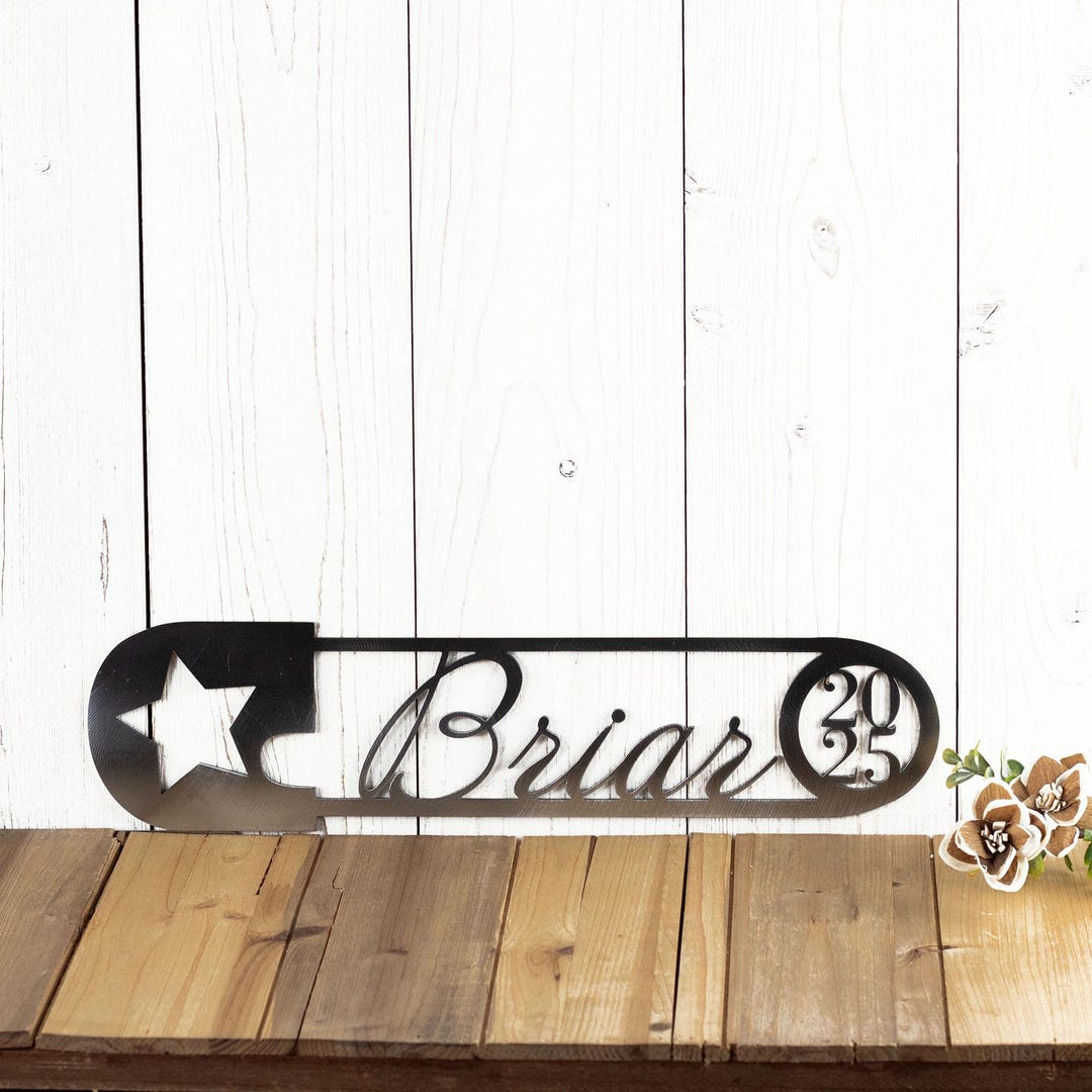 Personalized Newborn Baby Name and Birth Year Metal Sign, Safety Pin ...