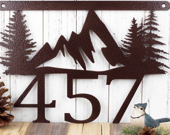 Metal House Number Plaque, Mountains, Pine Trees, Outdoor Hanging Address Sign, Housewarming Gift