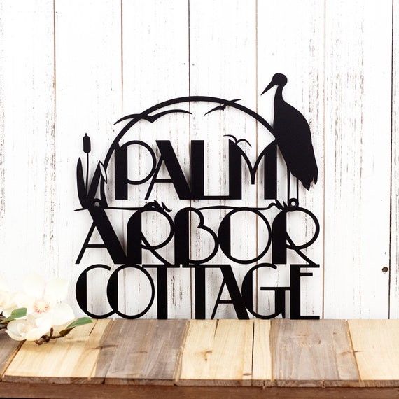 Custom Contemporary Metal Villa Name Sign, with Rising Sun, Lake Heron & Cattails, Personalized Modern Condo Housewarming Gift