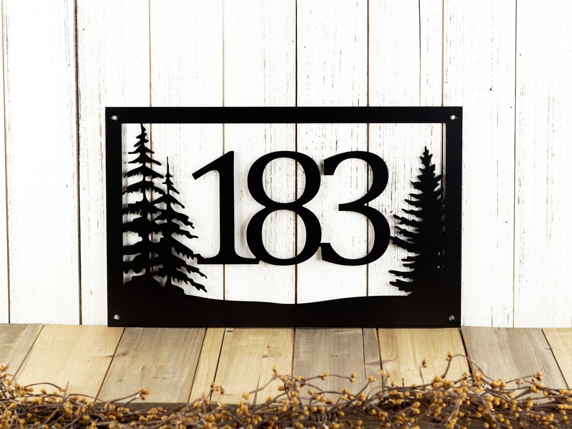 Rustic Metal House Number Sign With Pine Trees Address Etsy