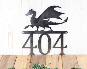 House Number Metal Plaque with Dragon Silhouette