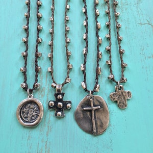 Rustic Cross Necklace, Boho Necklace, Bohemian Jewelry, Beaded Boho Jewelry, Silver Boho Jewelry, Religious Medals, Boho Faith Jewelry