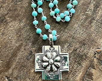 Southwestern Necklace Artisan Silver Cross Boho Faith Jewelry Gemstone Rosary Boho Necklace Artisan Jewelry Boho Jewelry Silver Cross Concho