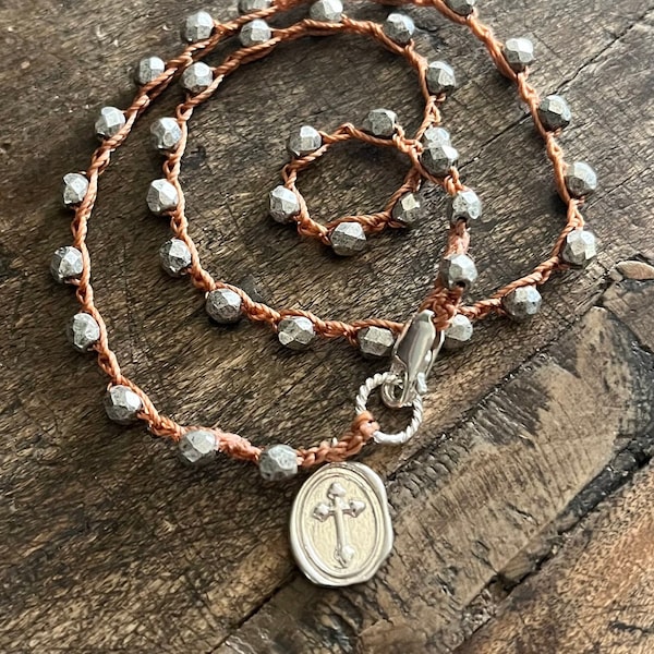 Boho Faith Jewelry Rustic Cross Bracelet Boho Wrap Bracelet Religious Jewelry Cross Necklace Silver Cross Bracelet Choker Artisan Jewelry